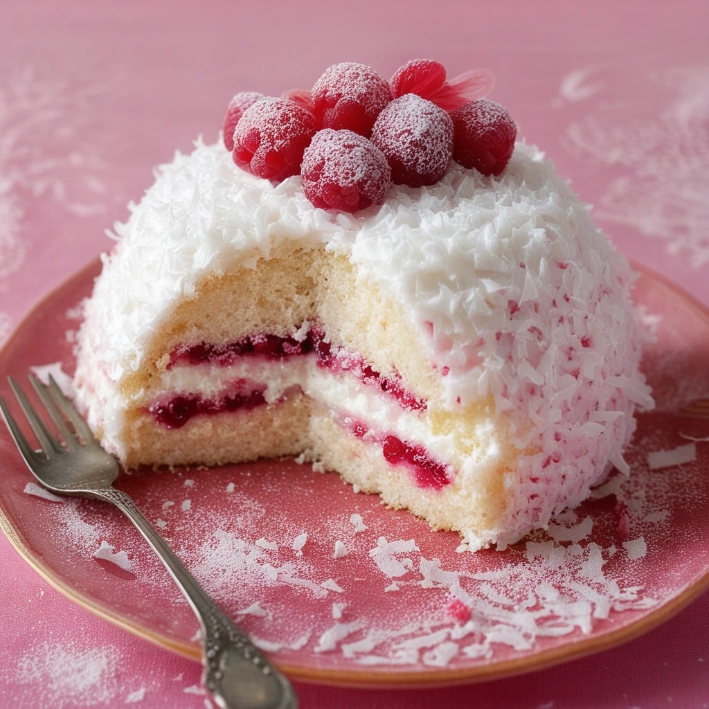 Dreamy Raspberry Swirl Coconut Snowball Cake
