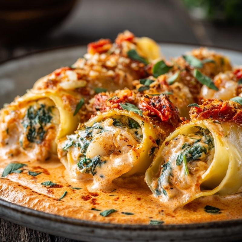Easy Shrimp And Spinach Stuffed Pasta Rolls With Roasted Red Pepper Cream