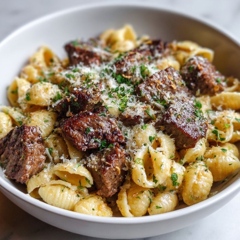 Indulgent Garlic Butter Steak Bites Shell Pasta With Parmesan Cream