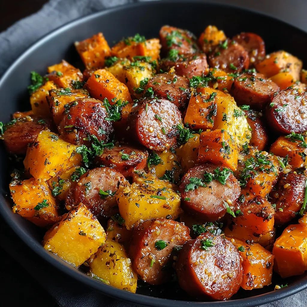 Glazed Sausage And Sweet Potatoes With Honey Garlic Sauce