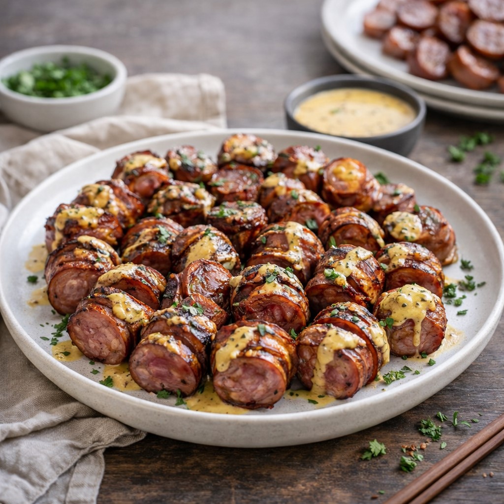 Savory Mustard Hasselback Kielbasa Bites